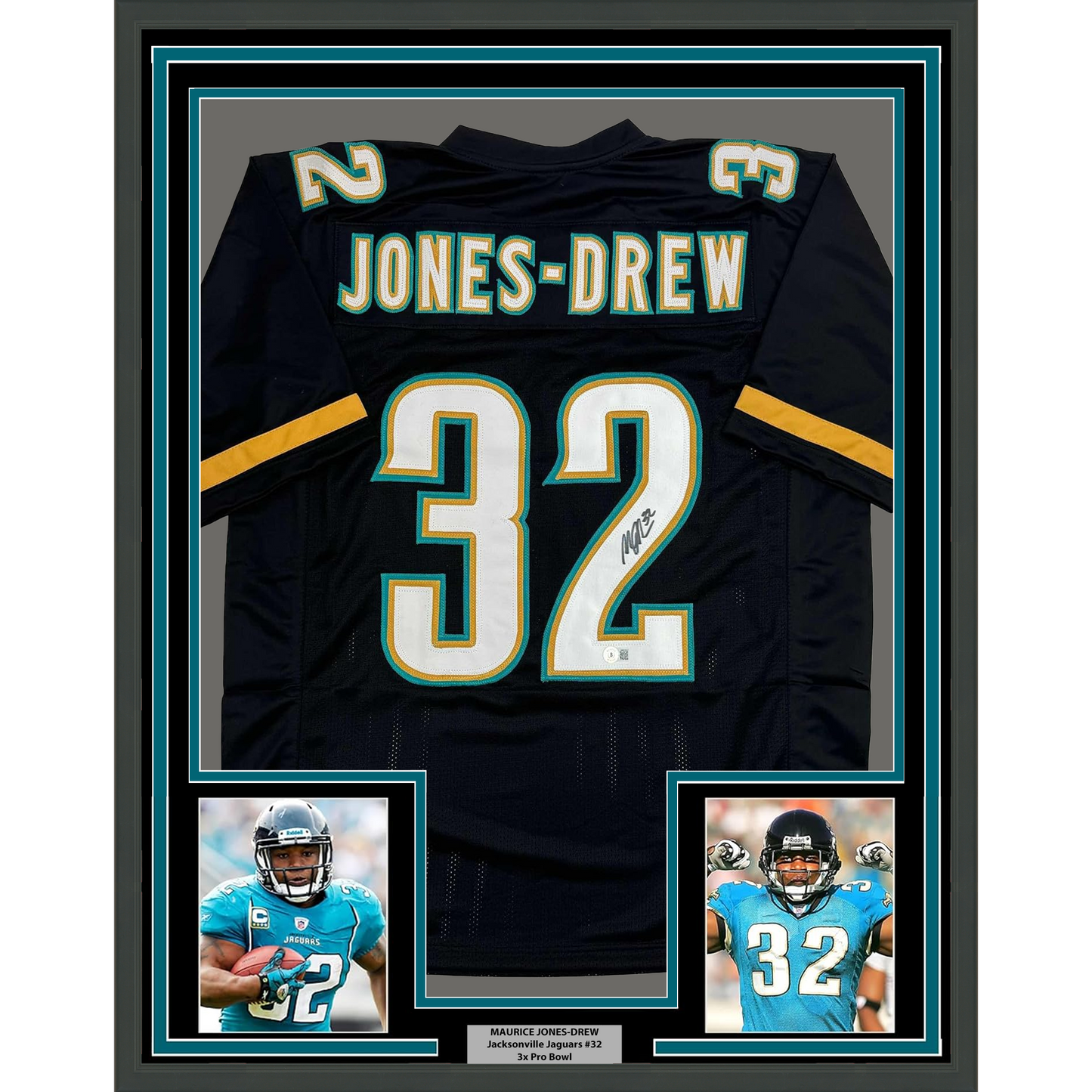 Framed Autographed/Signed Maurice Jones-Drew 35x39 Jacksonville Black Football Jersey Beckett BAS COA