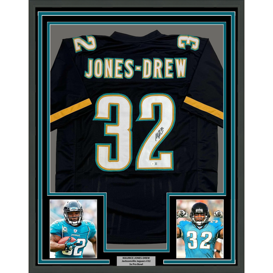 Framed Autographed/Signed Maurice Jones-Drew 35x39 Jacksonville Black Football Jersey Beckett BAS COA