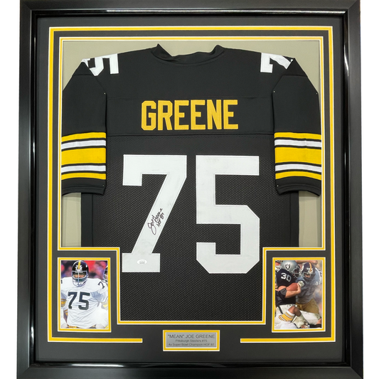 Framed Autographed/Signed Mean Joe Greene HOF 87 35x39 Pittsburgh Black Football Jersey JSA COA