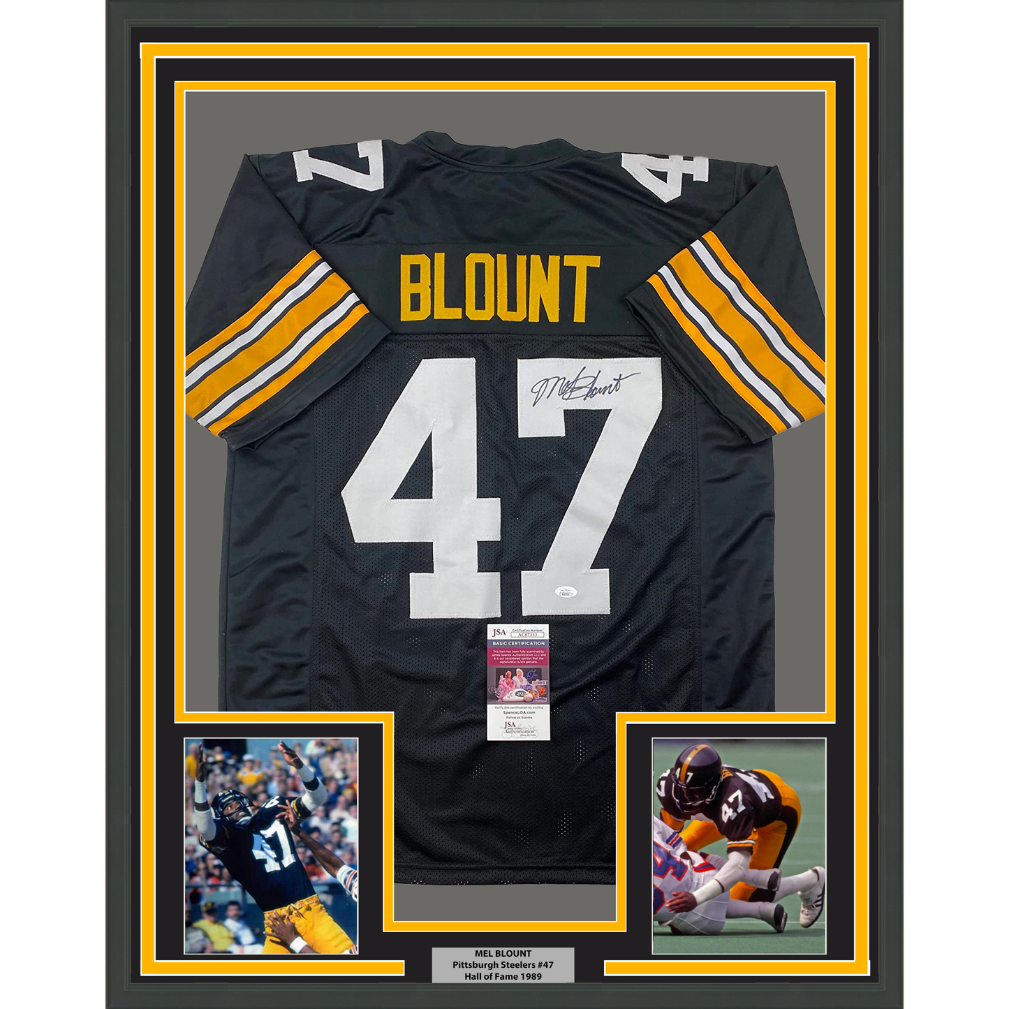 Framed Autographed/Signed Mel Blount 35x39 Pittsburgh Black Football Jersey JSA COA