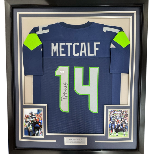 Framed Autographed/Signed DK D.K. Metcalf 35x39 Seattle Blue Football Jersey JSA COA