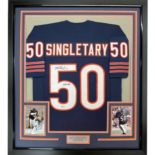 Framed Autographed/Signed Mike Singletary HOF 98 35x39 Chicago Blue Football Jersey JSA COA
