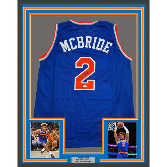 Framed Autographed/Signed Miles Deuce McBride 35x39 New York Blue Basketball Jersey JSA COA