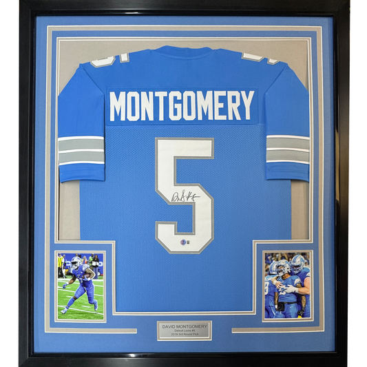 Framed Autographed/Signed David Montgomery 35x39 Detroit Blue Football Jersey Beckett BAS COA