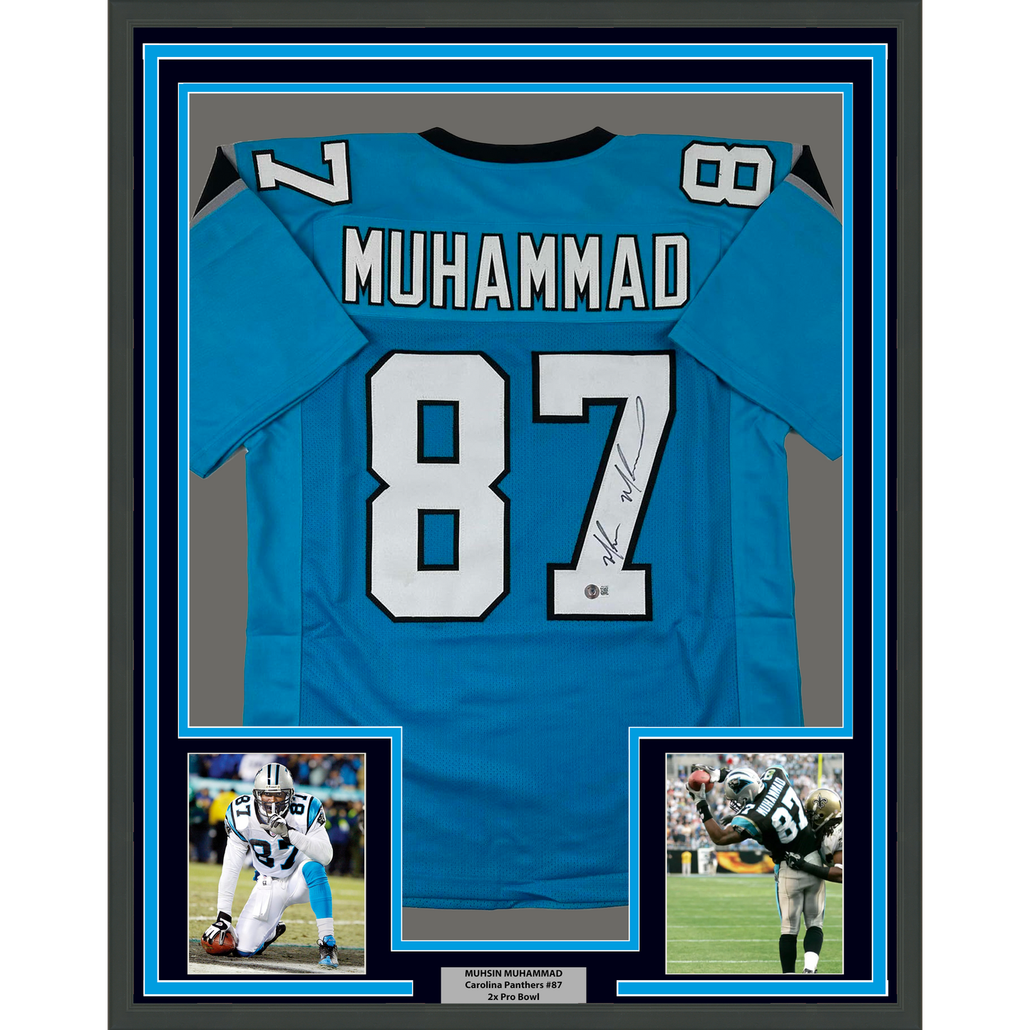 Framed Autographed/Signed Muhsin Muhammad 35x39 Carolina Blue Football Jersey Beckett BAS COA