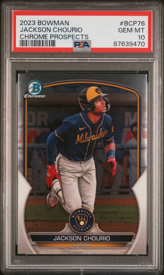 Graded 2023 Topps Bowman Jackson Chourio #BCP76 Chrome Prospects Rookie RC Baseball Card PSA 10 Gem Mint