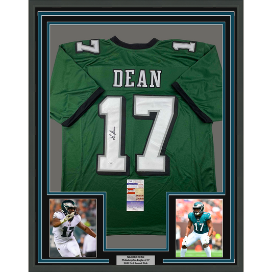 Framed Autographed/Signed Nakobe Dean 35x39 Philadelphia Green Football Jersey JSA COA