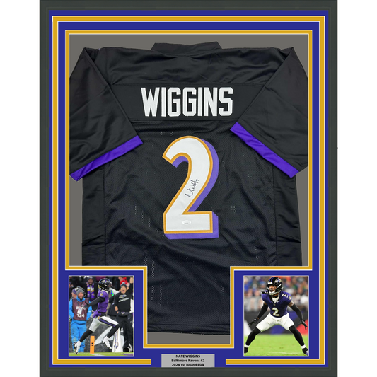 Framed Autographed/Signed Nate Wiggins 35x39 Baltimore Black Football Jersey JSA COA