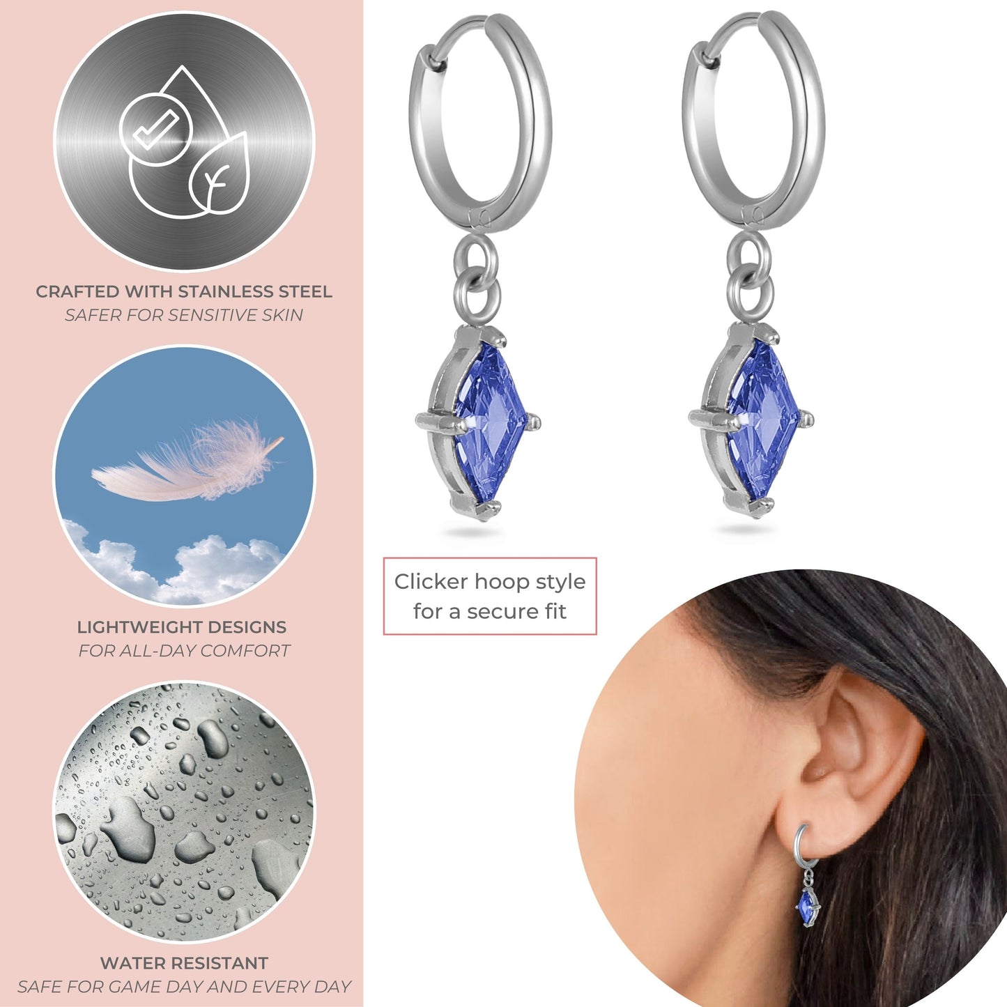 Navy Crystal Hoop Earrings Stainless Steel
