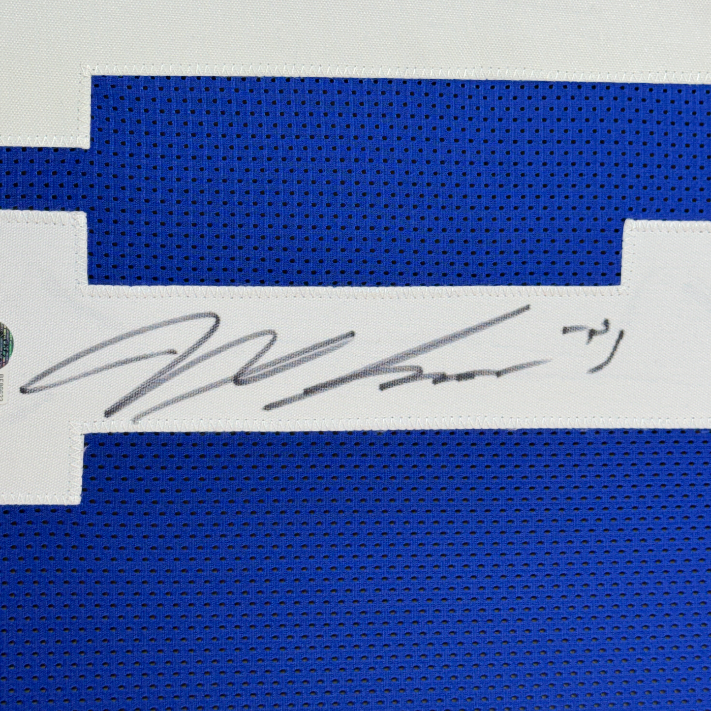 Framed Autographed/Signed Jaxon Smith-Njigba 35x39 Seattle Blue Retro Football Jersey Beckett BAS COA