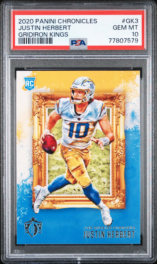 Graded 2020 Panini Chronicles Justin Herbert #GK3 Gridiron Kings Rookie RC Football Card PSA 10 Gem Mint