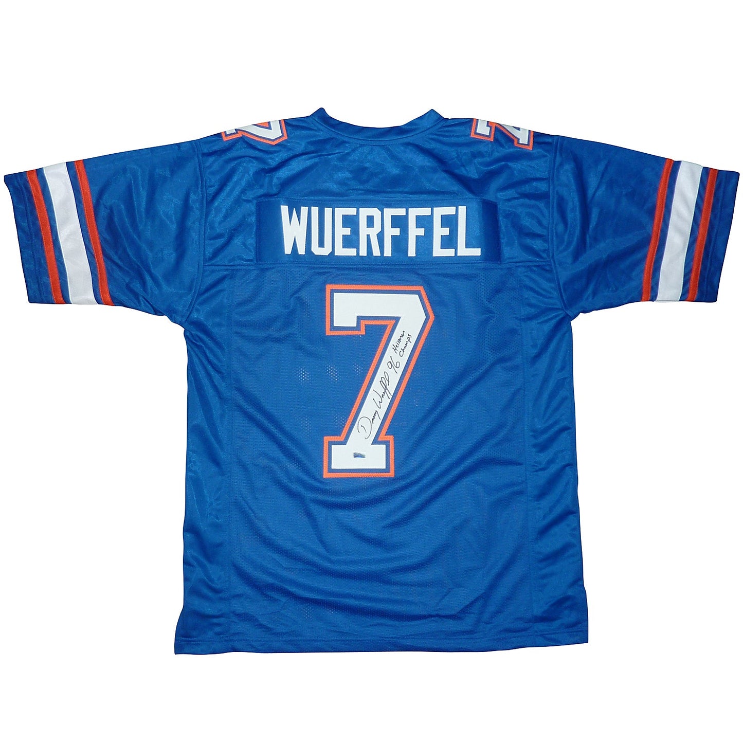Danny Wuerffel Autographed Florida Gators (Blue #7) Custom Jersey w/ "96 Heisman Champs"