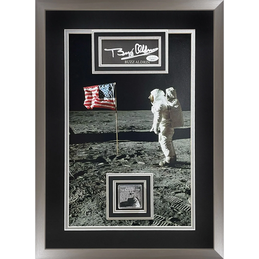 Buzz Aldrin Autographed Apollo 11 Moon Landing (with American Flag) Deluxe Framed 13x19 Photo with Floating Matted Signature and Genuine Moon Rock - JSA