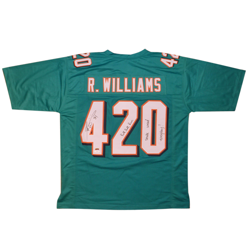 Ricky Williams Autographed Miami (Teal #420) Custom Jersey w/ "Puff, Puff, Run ", "Smoke Weed Everyday" - JSA