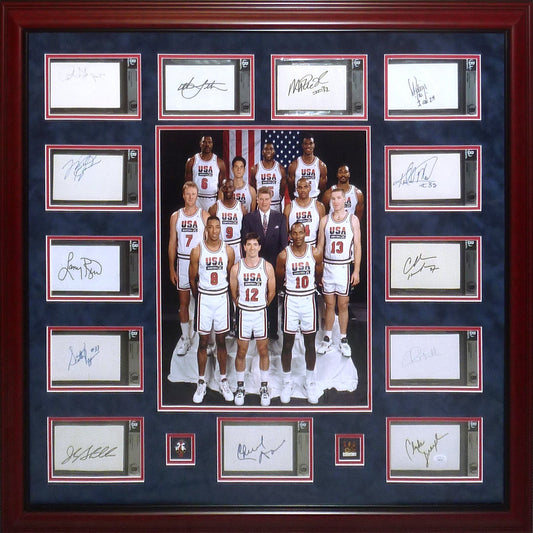 DREAM TEAM Autographed 1992 Barcelona Olympics USA Basketball Deluxe Framed Index Card Piece with 16x20 Photo - Coach Daly and 12 Members - JSA