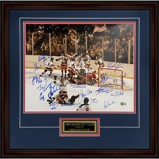 1980 U.S. Olympic Hockey Team Autographed (Miracle On Ice) Deluxe Framed 16x20 Photo - 18 Team Member Signatures - Beckett Witnessed
