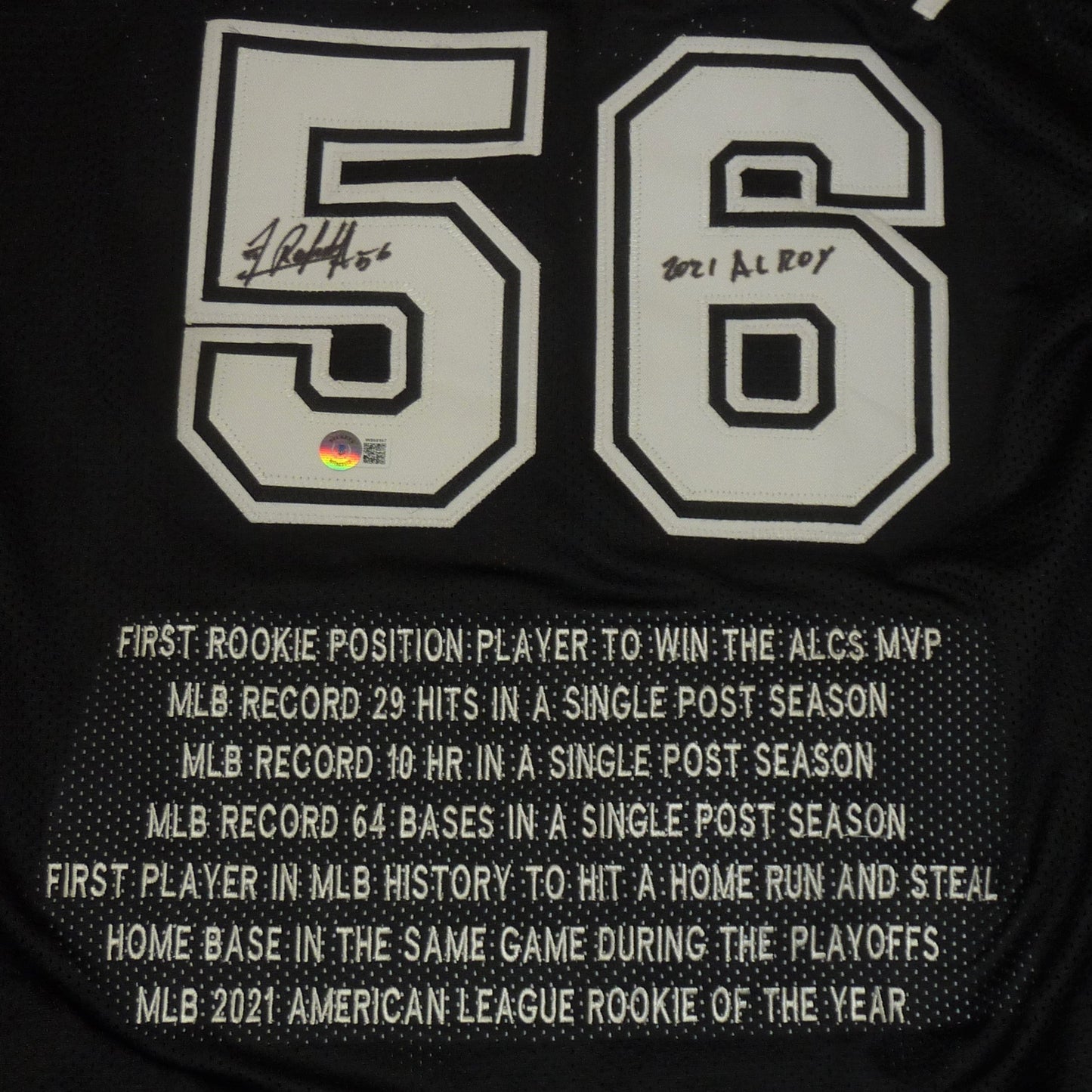 Randy Arozarena Autographed Tampa Bay (Black #56) Custom Jersey w/ Embroidered Stats - JSA