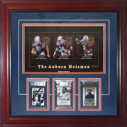 Pat Sullivan, Bo Jackson And Cam Newton Autographed Auburn Tigers Heisman Deluxe Framed Triple Card Frame - Beckett Slab