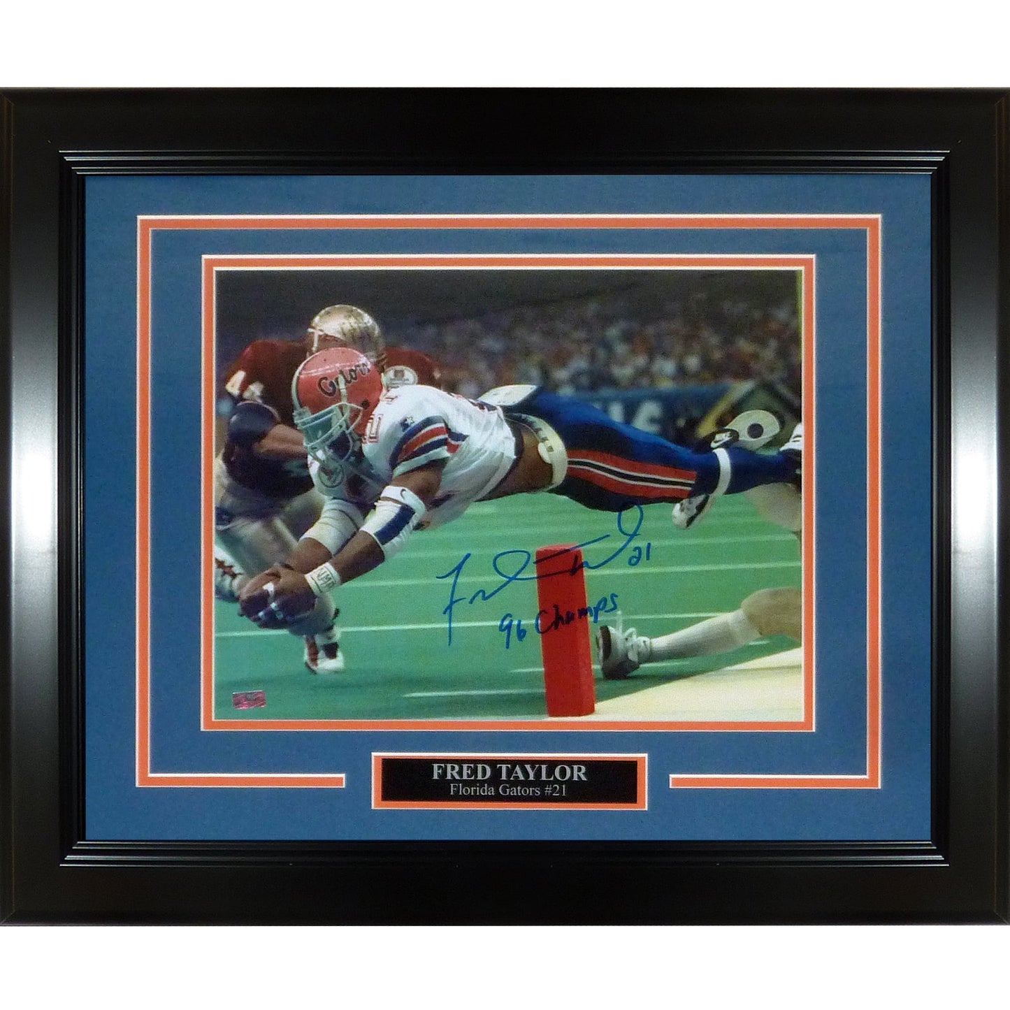 Fred Taylor Autographed Florida Gators (Sugar Bowl VS FSU) Deluxe Framed 11x14 Photo w/"96 Champs"
