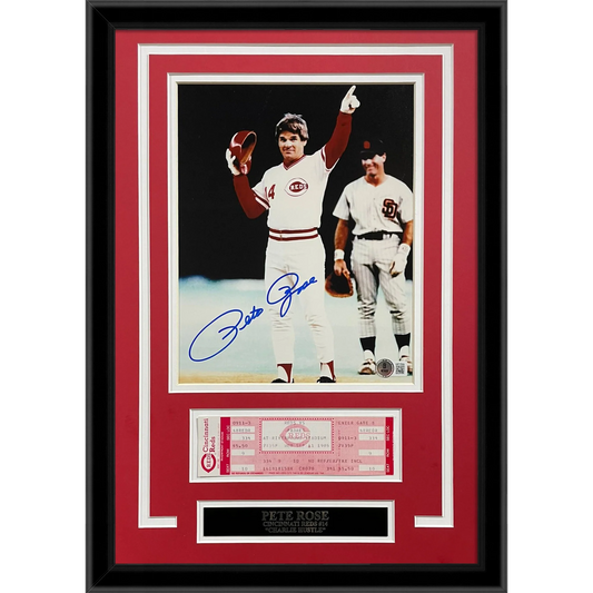 Pete Rose Autographed Cincinnati Reds (4192 Hit) Framed 8×10 Photo with Replica Game Ticket - JSA