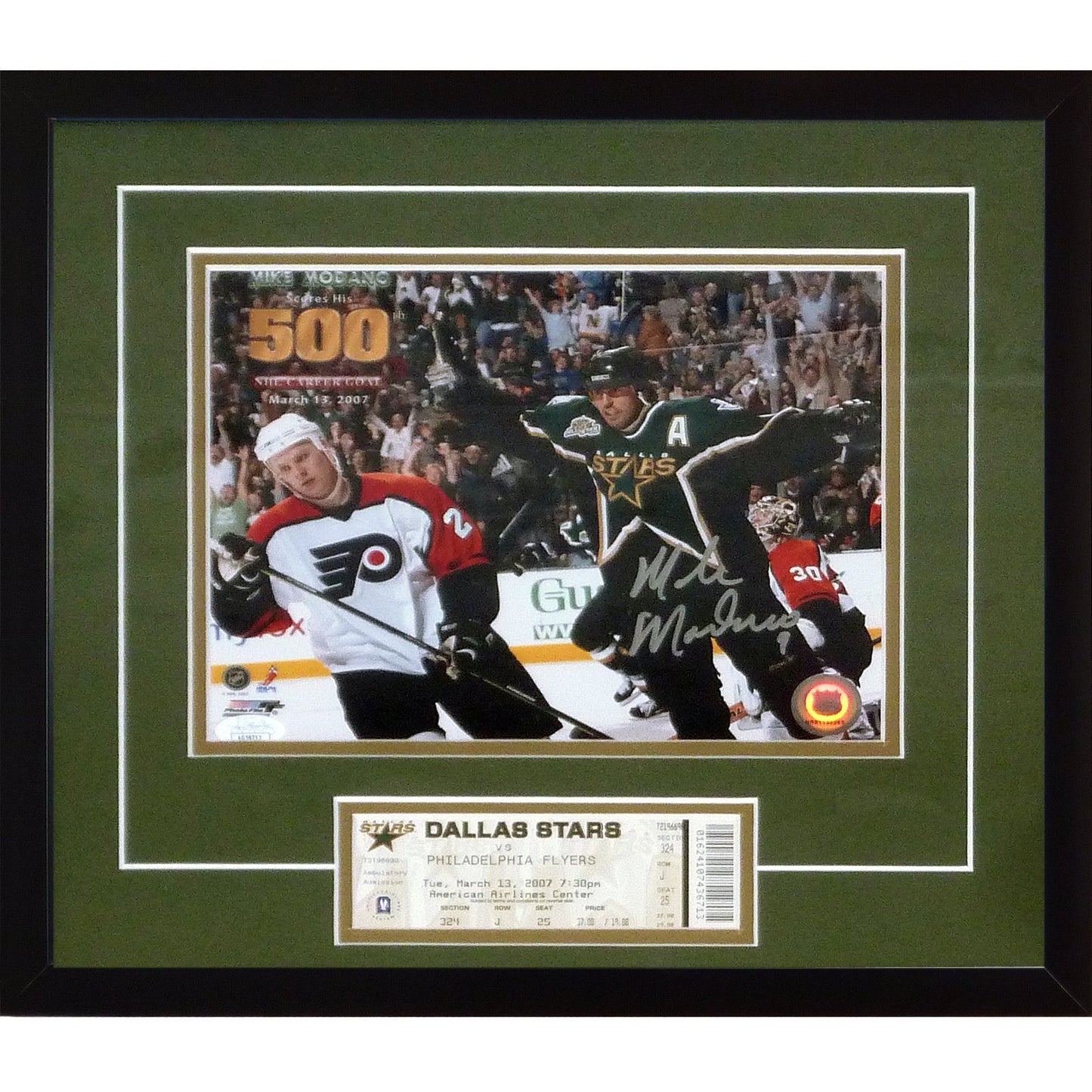 Mike Modano Autographed Dallas Stars (500th Goal) 8x10 Photo Deluxe Framed with Replica Game Ticket - JSA