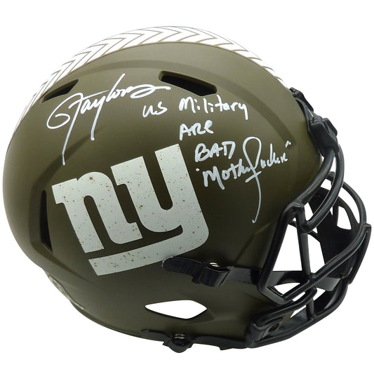 Lawrence Taylor Autographed New York Giants (SALUTE TO SERVICE) Deluxe Full-Size Replica Helmet w/ Military Inscription - BAS