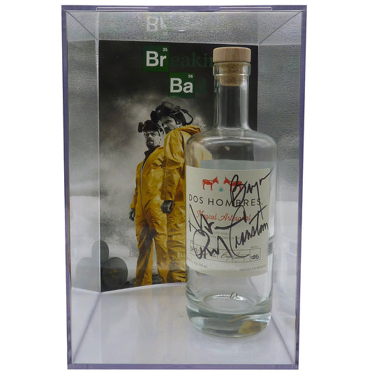 Bryan Cranston And Aaron Paul Autographed Dos Hombres Mezcal Tequila Bottle (Empty) in Display Case - JSA