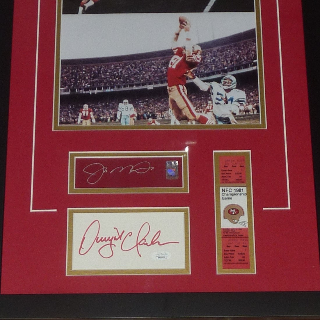 Joe Montana And Dwight Clark Autographs Deluxe Framed with San Francisco 49ers "The Catch" 11x14 Photo - JSA