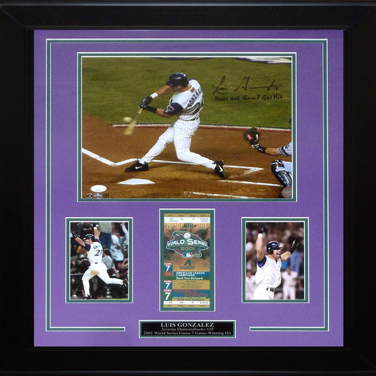 Luis Gonzalez Autographed Arizona Diamondbacks (2001 World Series Hit) Deluxe Framed 11x14 Photo w/ Replica World Series Ticket