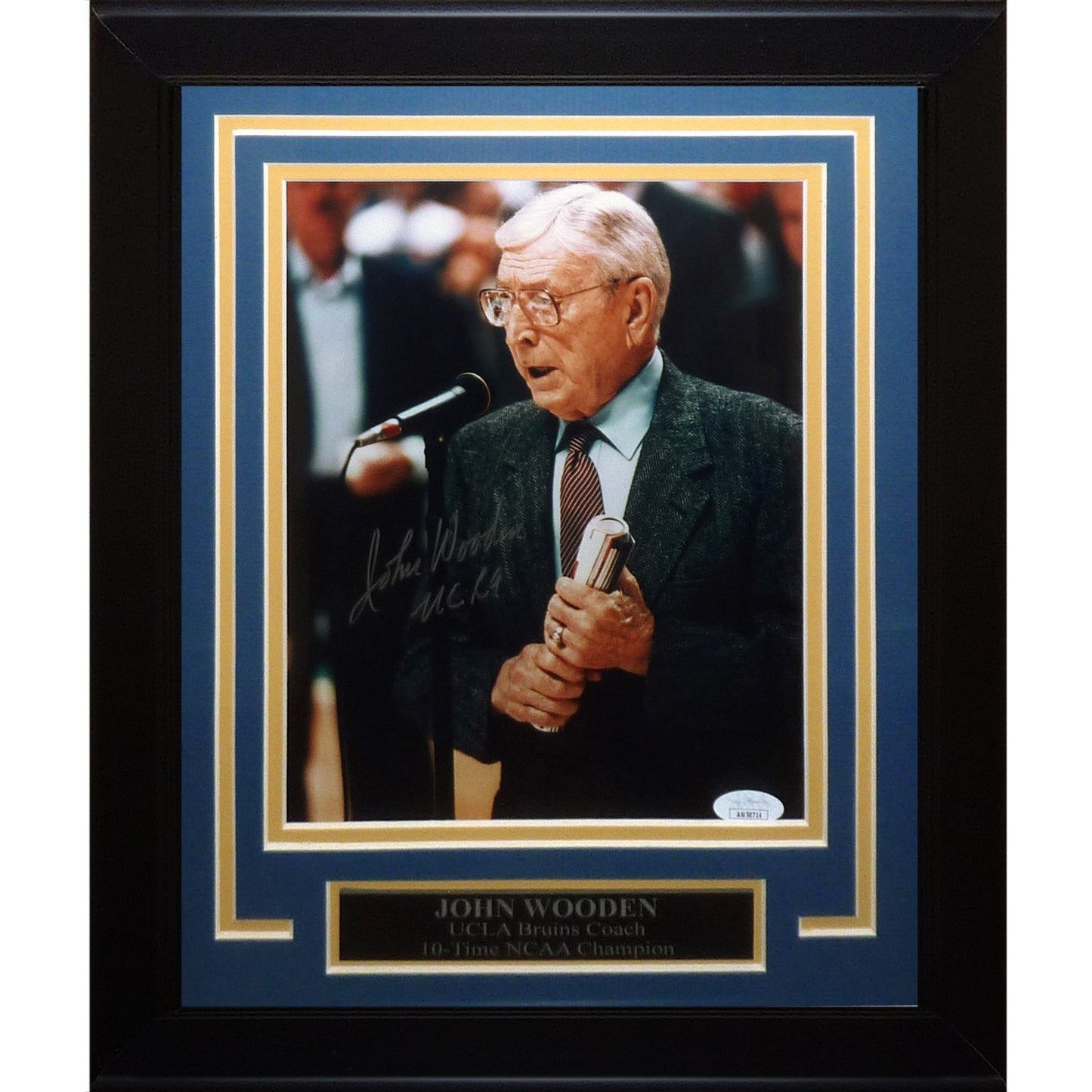 John Wooden Autographed UCLA Bruins with Microphone Deluxe Framed 8x10 Photo - JSA