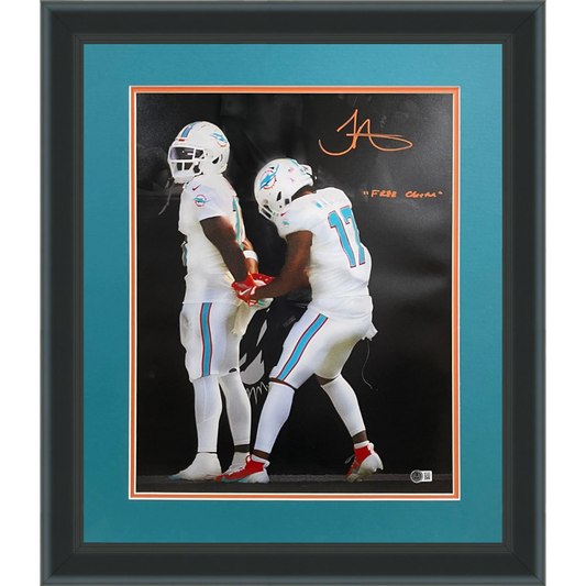 Tyreek Hill Autographed Miami Dolphins (Handcuffs Celebration Spotlight) Deluxe Framed 16x20 Photo w/ "Free Cheetah" - Beckett
