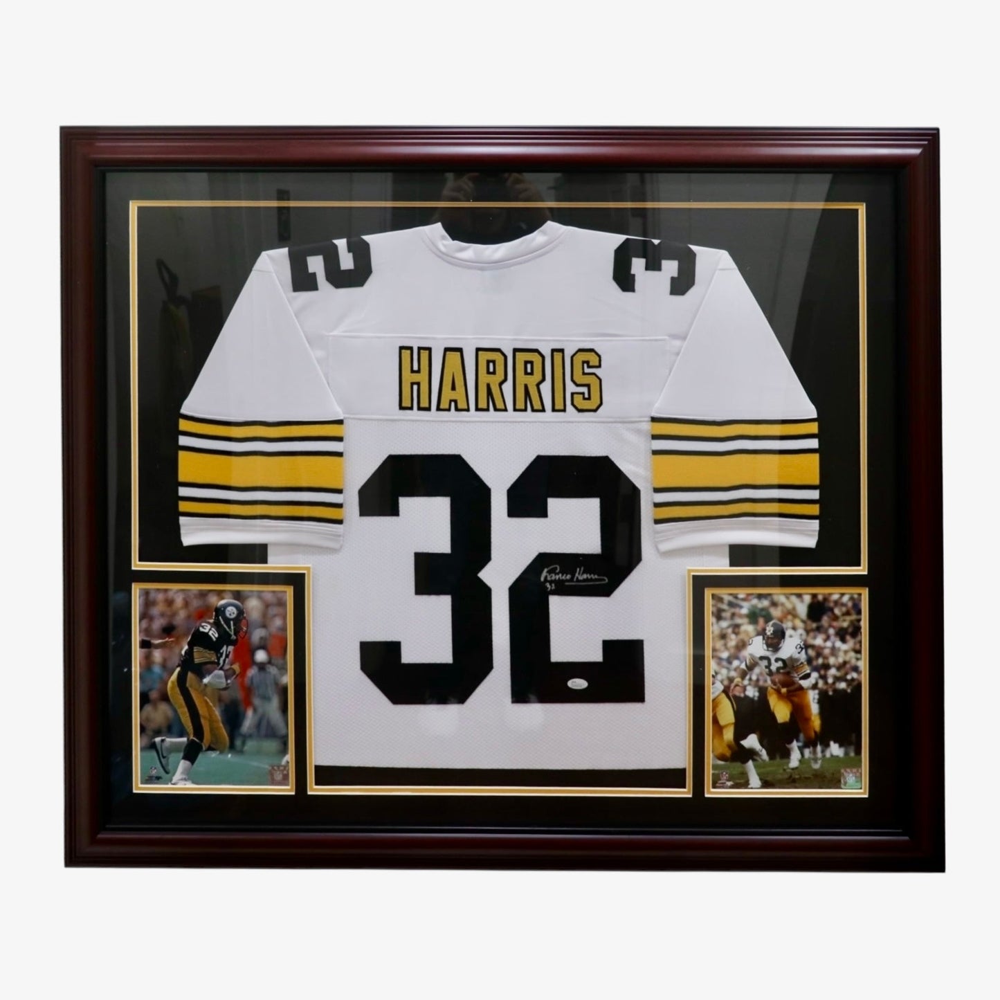 Franco Harris Autographed Pittsburgh (White #32) Deluxe Framed Jersey - JSA