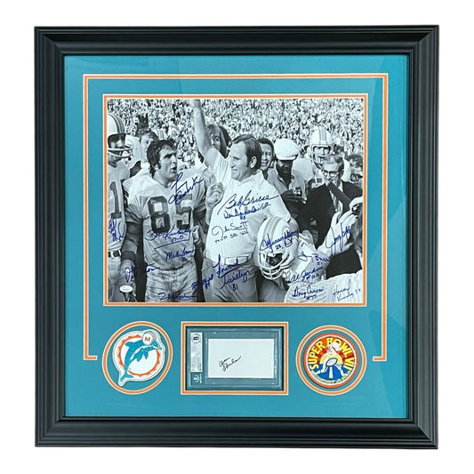1972 Miami Dolphins Team (Undefeated Season) and Coach Don Shula Deluxe Framed Celebration 16x20 Photo with Patches