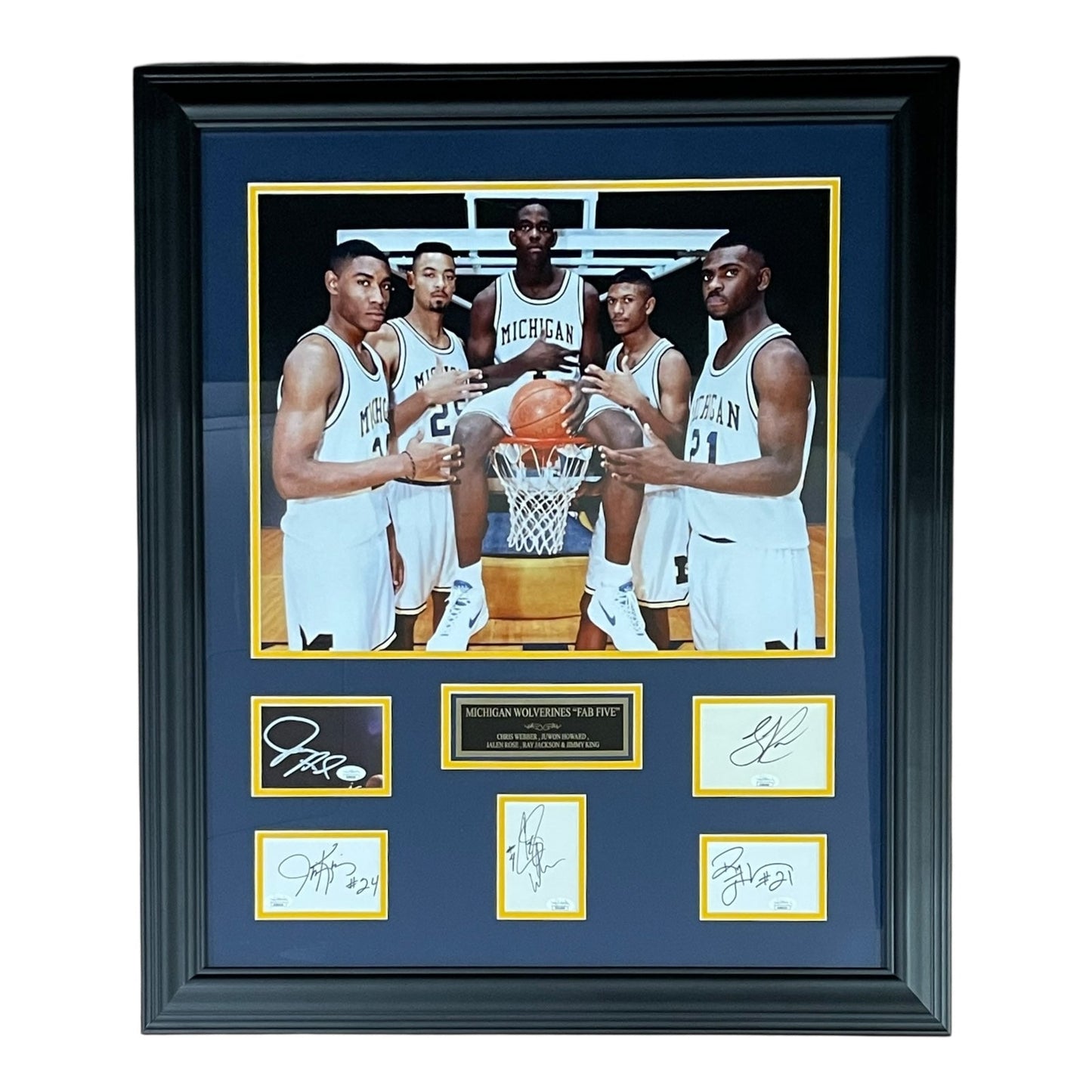Michigan Wolverines FAB FIVE Basketball Deluxe Framed Poster with Cut Autographs - Webber, Rose, Howard, King, Jackson - JSA
