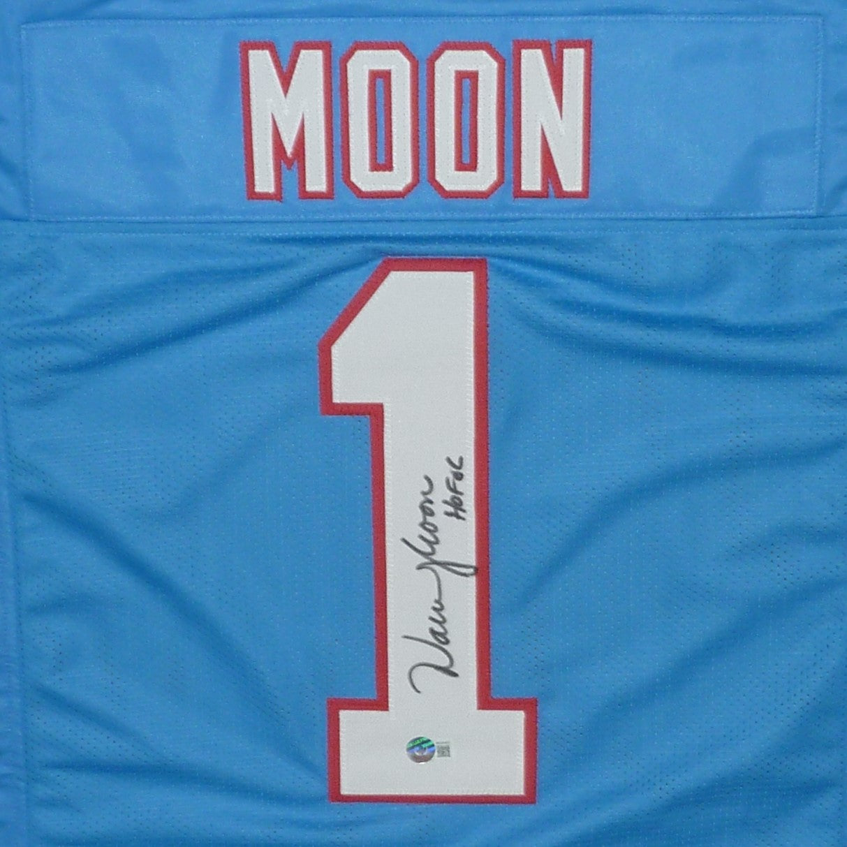 Warren Moon Autographed Houston Oilers (Baby Blue #1) Jersey - Beckett