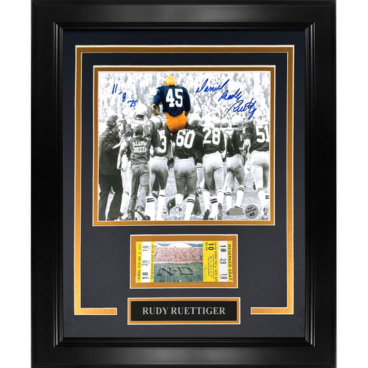 Rudy Ruettiger Autographed Notre Dame Deluxe Framed 8x10 Photo with Replica Game Ticket - JSA