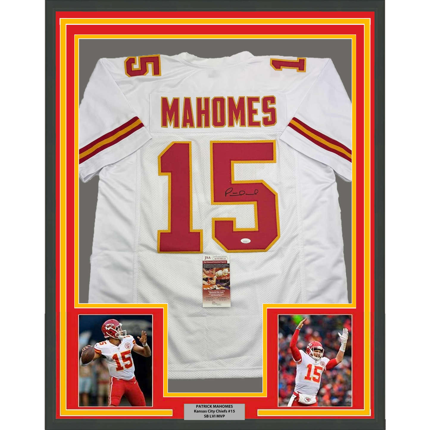 Framed Autographed/Signed Patrick Mahomes 35x39 Kansas City White Football Jersey JSA COA