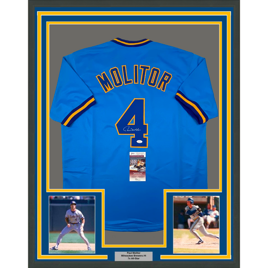 Framed Autographed/Signed Paul Molitor 35x39 Milwaukee Blue Baseball Jersey JSA COA
