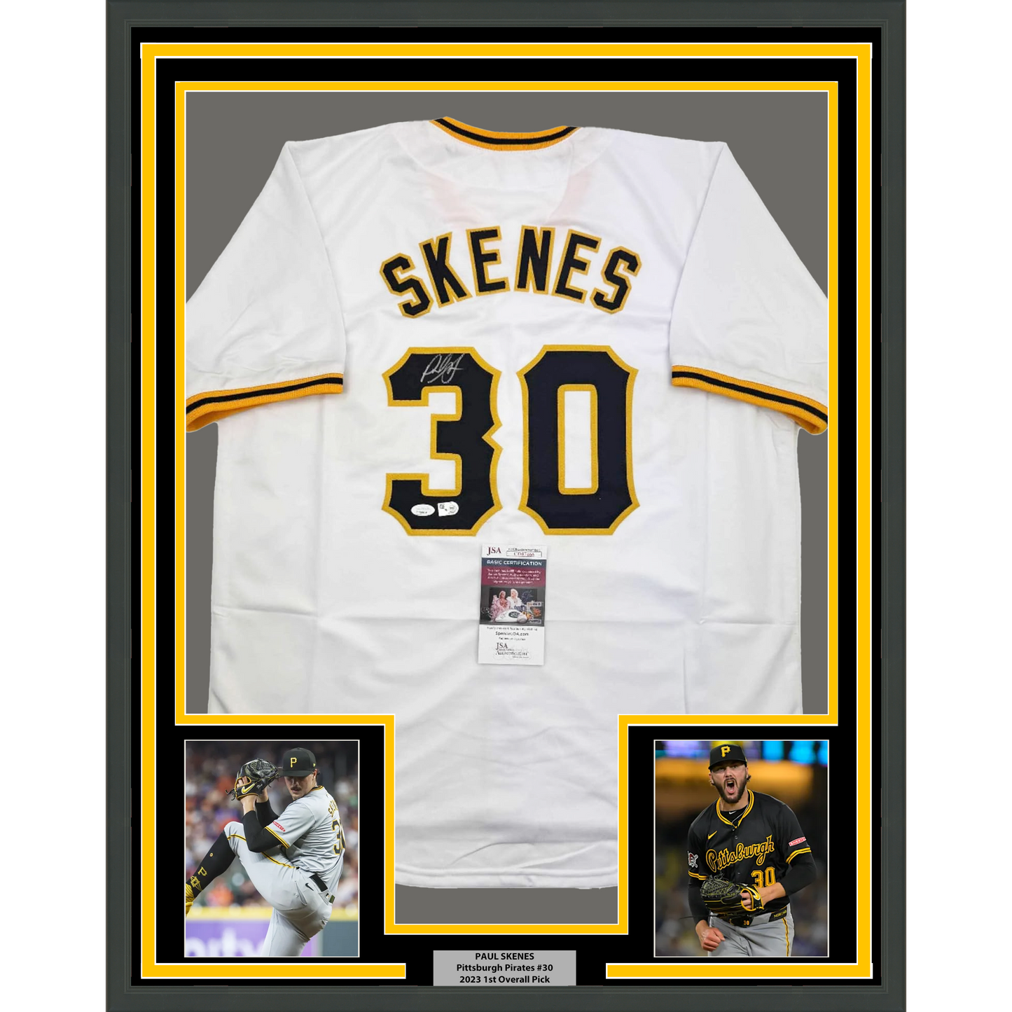Framed Autographed/Signed Paul Skenes 35x39 Pittsburgh White Baseball Jersey JSA COA