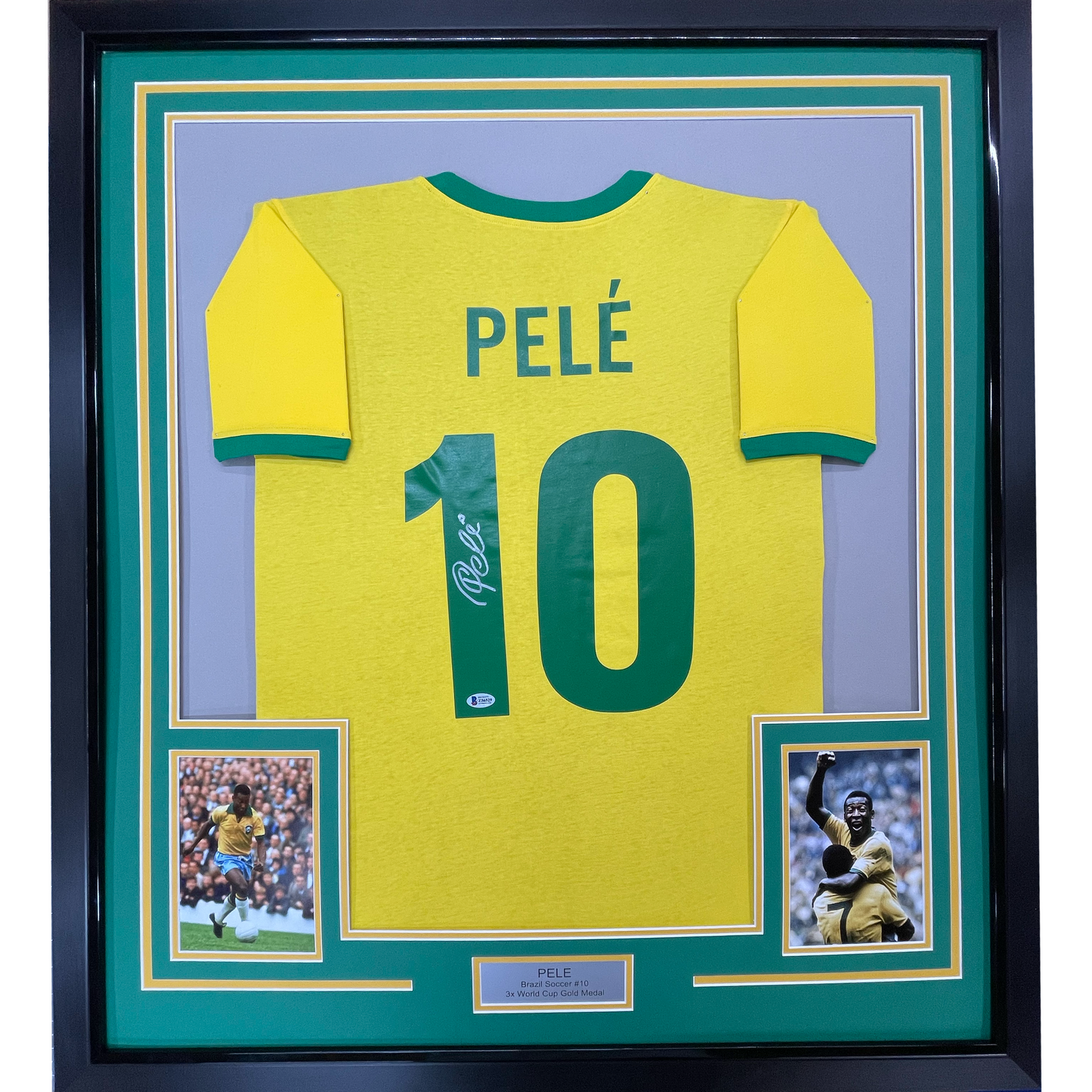 Framed Autographed/Signed Pele 35x39 Brazil Yellow Soccer Futbol Jersey Beckett BAS COA Auto #2
