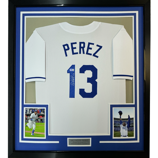 Framed Autographed/Signed Salvador Perez 35x39 Kansas City White Baseball Jersey Beckett BAS COA