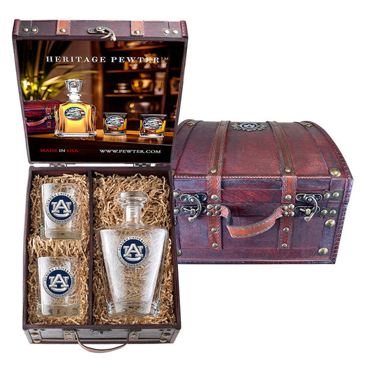 Auburn University Royal Decanter and 2 Glasses with Chest Box