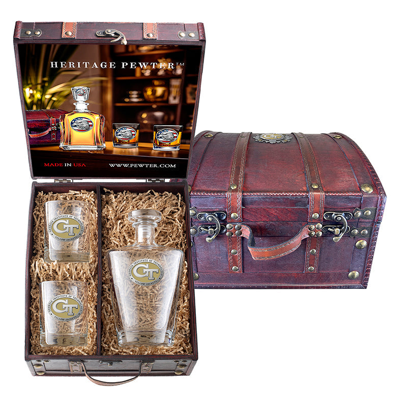 Georgia Tech GT Logo Royal Decanter and 2 Glasses with Chest Box