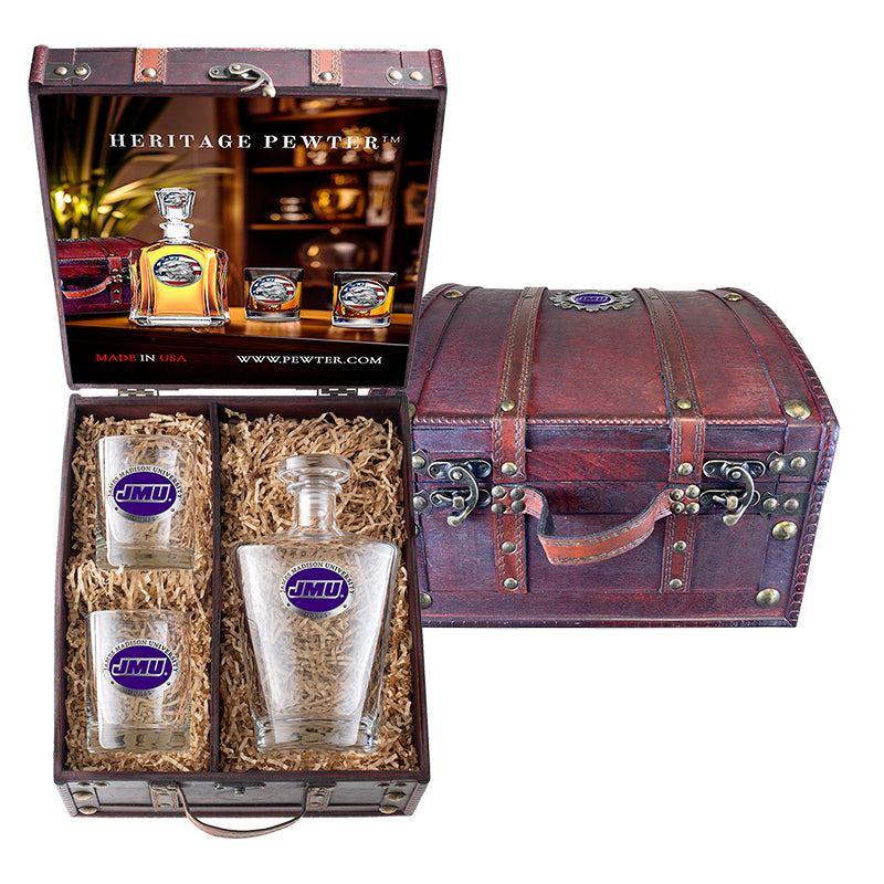 James Madison University Royal Decanter and 2 Glasses w/ Chest Box