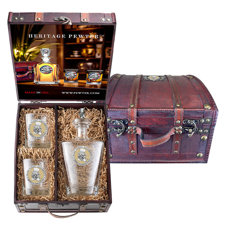 Wake Forest University Royal Decanter with 3D Top and 2 Glasses w/ Chest Box
