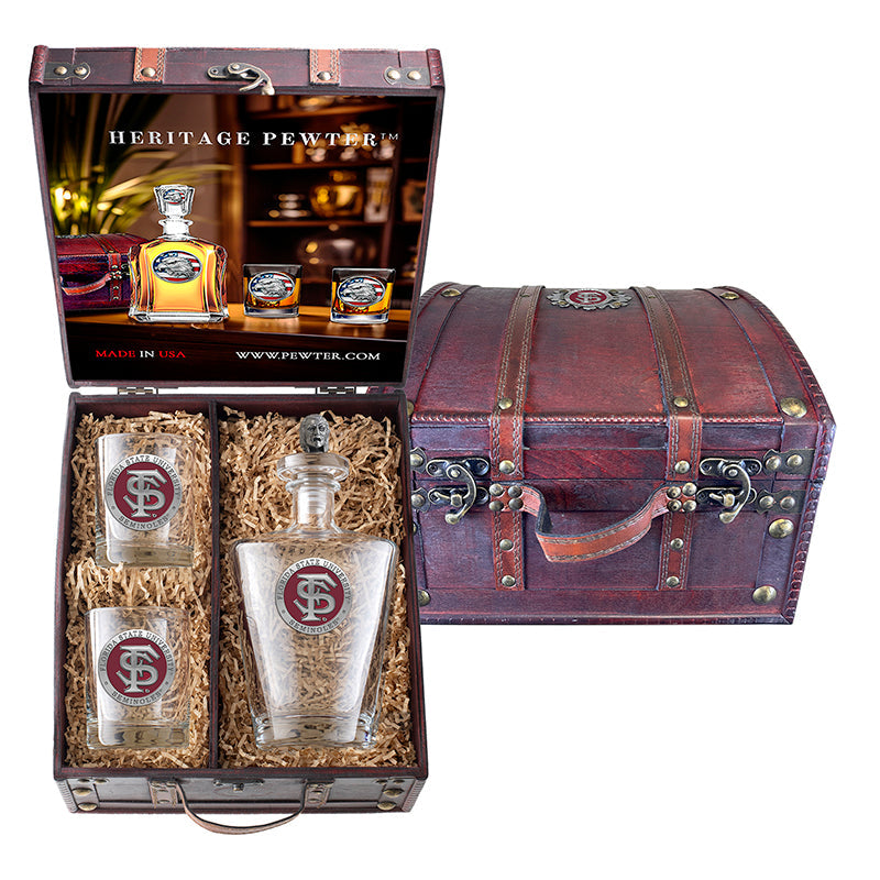 Florida State University FS Logo Royal Decanter with 3D Top and 2 Glasses w/ Chest Box