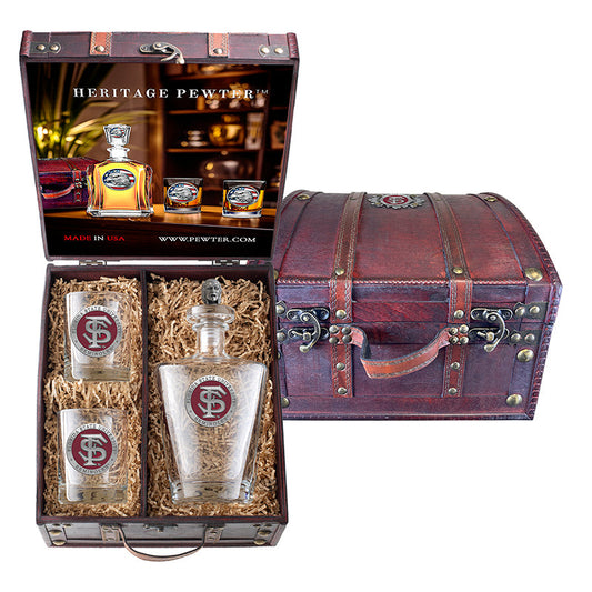 Florida State University FS Logo Royal Decanter with 3D Top and 2 Glasses w/ Chest Box