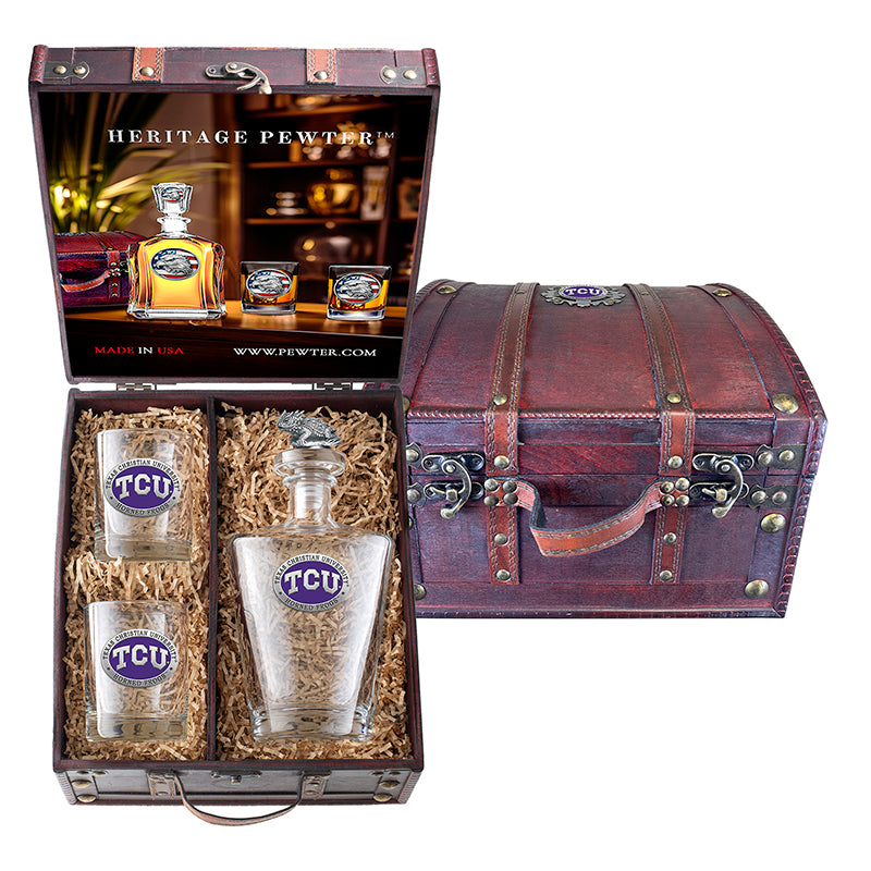 Texas Christian University Royal Decanter with 3D Top and 2 Glasses w/ Chest Box