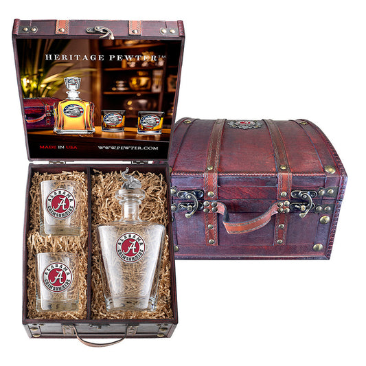 University of Alabama Royal Decanter with 3D Top and 2 Glasses w/ Chest Box