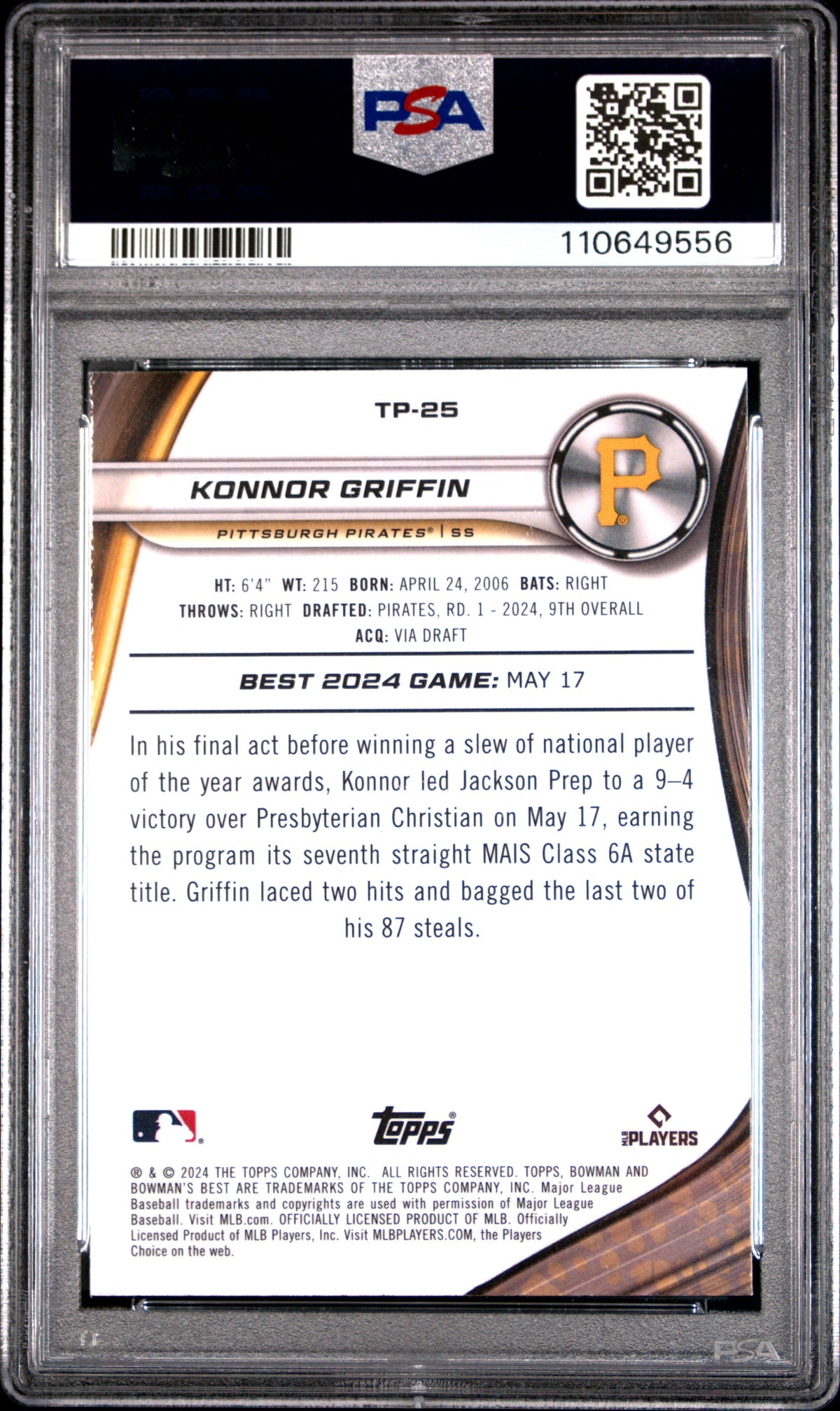 Graded 2024 Topps Bowmans Best Konnor Griffin #TP25 Top Prospects Rookie RC Baseball Card PSA 10 Gem Mint